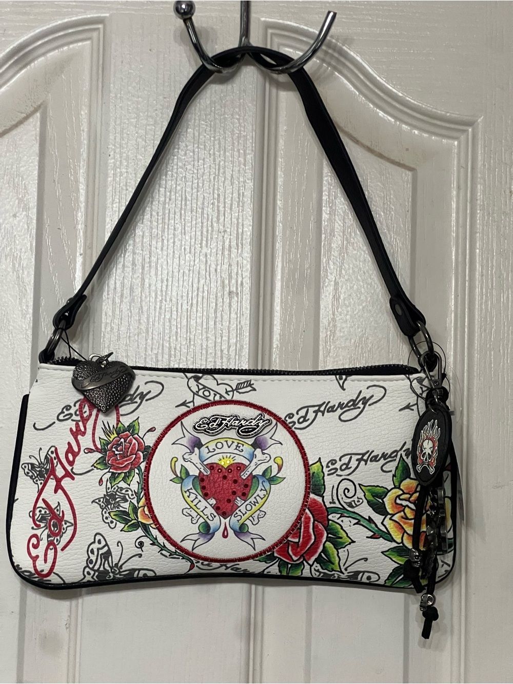 Ed Hardy Love Kills Slowly White Tattoo Shoulder Bag Y2K Baguette Purse 11X5in - Picture 2 of 8